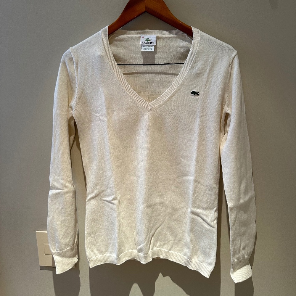 Lacoste 100% cotton V-Neck Cream Long Sleeve Sweater Top